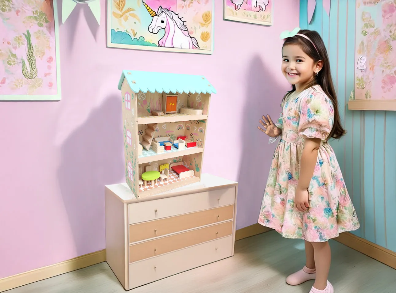 A cute girl is smiling while playing with a doll house